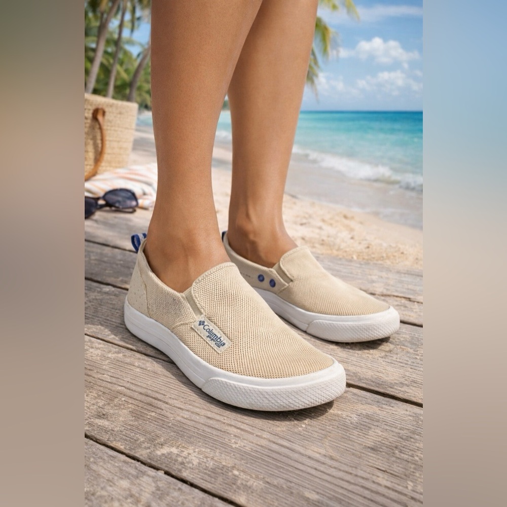 Columbia PFG Distant Water Slip-On Shoes Beige Mesh Boat Shoes Women’s Size 7.5